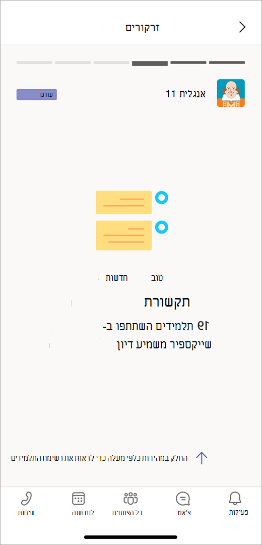צילום מסך שמראה זרקור על נתוני תקשורת מתוך תובנות בתצוגה ניידת מציג מורה ש- 19 תלמידים השתתפו בדיון של שייקספיר.