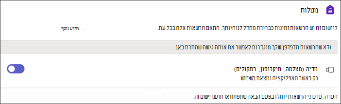 צילום מסך של הגדרות Teams לאחר בחירת הרשאות יישום. הגדרה בשם מדיה מוצגת כאשר הלחצן הדו-מצבי מופעל.