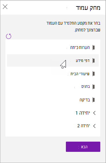 בחר את מקטע התלמיד עם העמוד שברצונך למחוק.