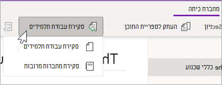 לחצן 'סקירת עבודת תלמידים'. 'סקירת עבודת תלמידים' ו'סקירת מחברות מרובות' הן אפשרויות.