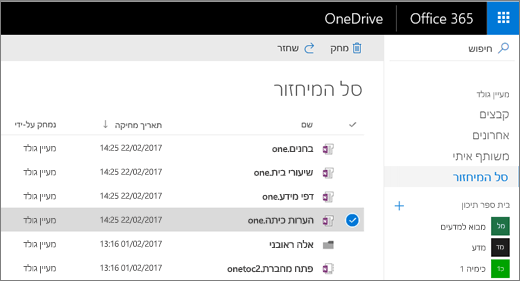 סל המיחזור של OneDrive עם רשימה של עמודי מחברת.