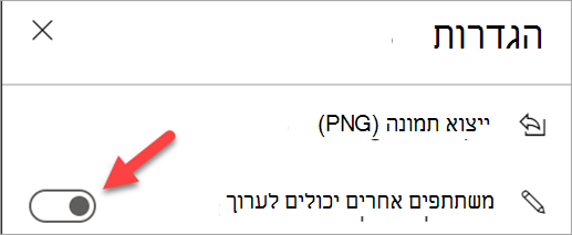 צילום מסך שמראה את הלוח 'הגדרות' כאשר הלחצן הדו-מצבי 'משתתפים אחרים יכולים לערוך' כבוי.