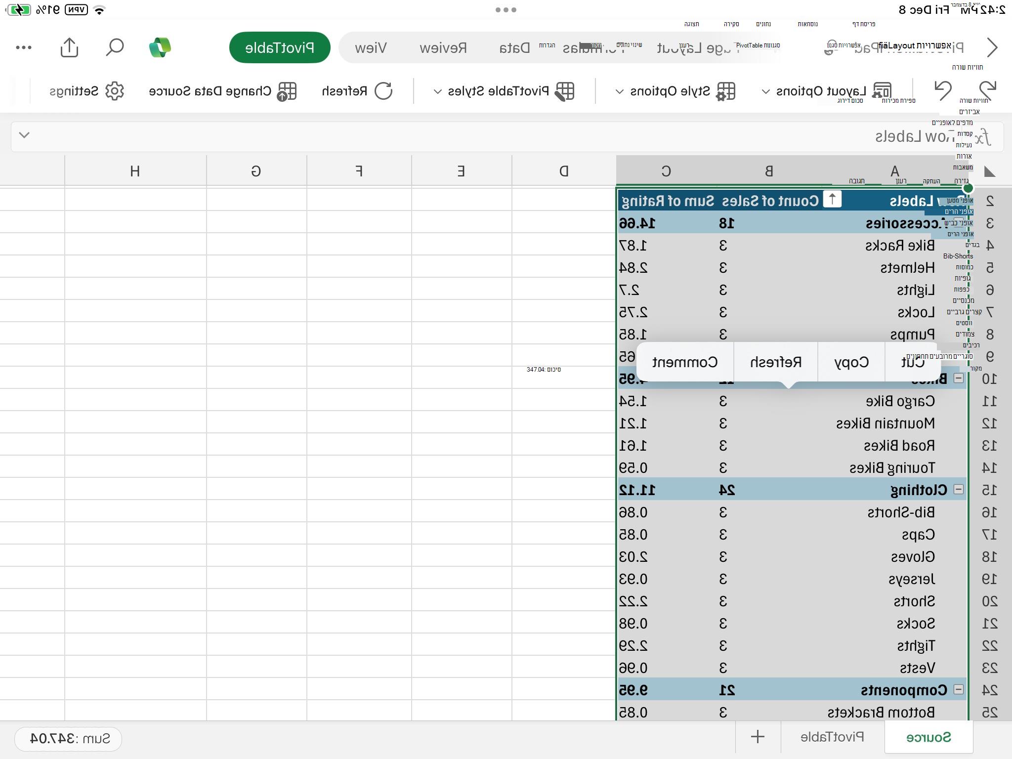 גזירת PivotTable ב- iPad