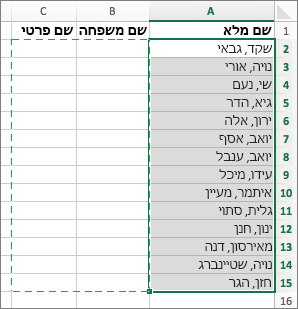 בחירת התאים שבהם ברצונך להדביק את התאים המפוצלים