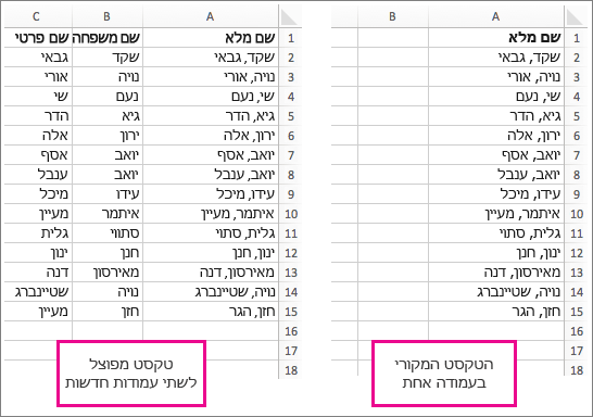 לפני ואחרי פיצול טקסט לעמודות שונות