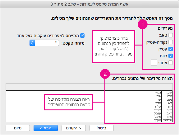 שלב 2 באשף, תחת 'מפרידים', בחר את אופן פיצול הנתונים; תחת 'תצוגה מקדימה', באפשרותך לראות תצוגה מקדימה של הנתונים שלך