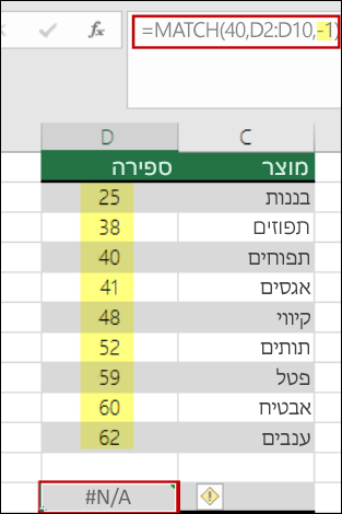 הפונקציה MATCH של Excel