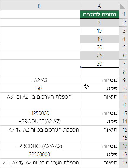 הכפלת מספרים באמצעות הפונקציה PRODUCT