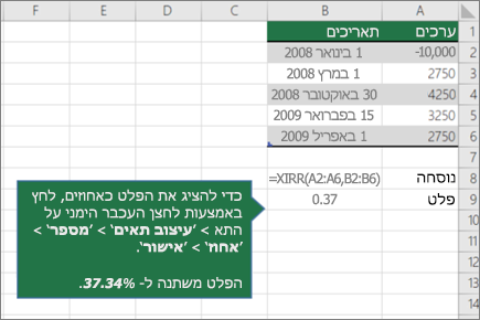 צילום מסך המציג דוגמה של הפונקציה XIRR.