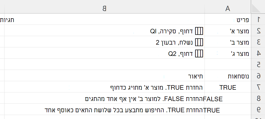 שימוש ב- HASANY כדי לבדוק אם תא המכיל מערך מקונן של תגיות כולל כל אחת מהתגיות שנבחרו
