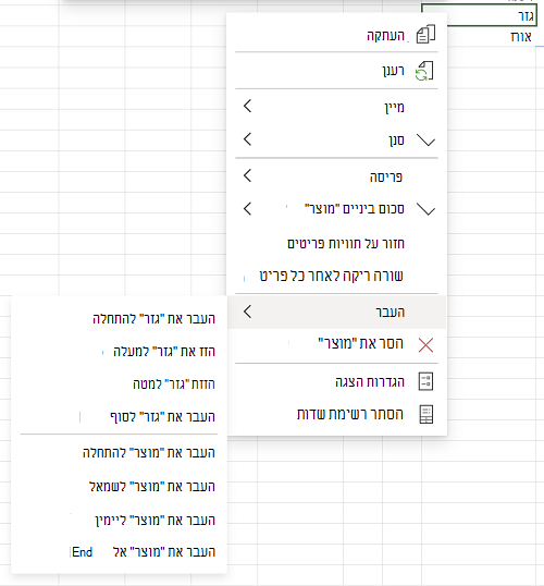 מיון ידני - תפריט תלוי הקשר