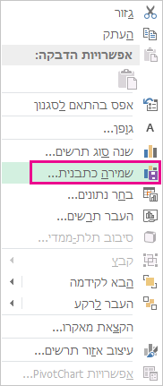 הפקודה 'שמור כתבנית' בתפריט הקיצור