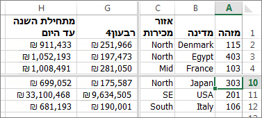 פיצול של שורות ועמודות
