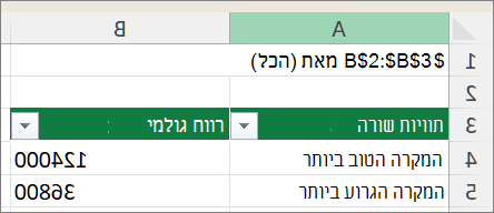 צילום מסך המציג את דוח ה- PivotTable של התרחיש.