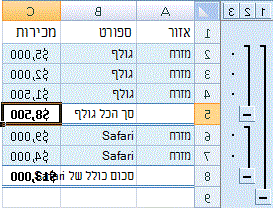 רשימת Excel עם סכומי ביניים של 'אירועי ספורט' באזור 'מזרח'