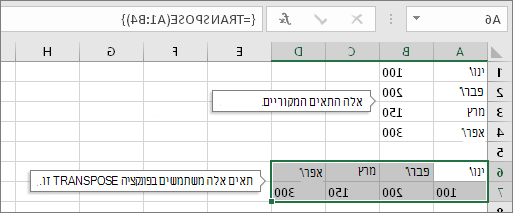 התאים המקוריים מעל, התאים עם הפונקציה TRANSPOSE מתחת