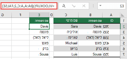 השתמש באופרטור @ והעתק כלפי מטה: =VLOOKUP(@A:A,A:C,2,FALSE). סגנון הפניה זה יפעל בטבלאות, אך לא יחזיר מערך דינאמי.