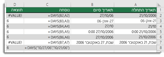 פלט של פונקציות DAYS שונות