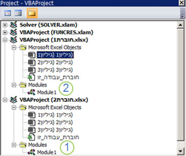 החלונית Project Explorer של VBA מציגה את עצי הפרוייקט עבור VBAProject Book1.xlsm ו- VBAProject Book2.xlsm. מספר 1 מסמן את Module1 תחת תיקיית Book2.xlsm Modules, ומספר 2 מסמן את התיקיה Modules תחת Book1.xlsm, ומציין לאן לגרור את המודול כדי להעתיק אותו.