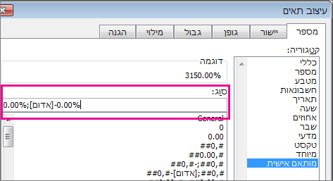 עיצוב מותאם אישית להצגת אחוזים שליליים באדום