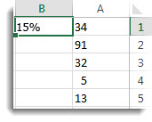 המספרים בעמודה A, בתאים A1 עד A5,‏ 15% בתא B1