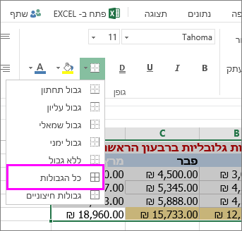 הוספת גבול לטבלה או לטווח נתונים