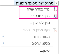 אפשרויות מיון בסדר עולה ובסדר יורד