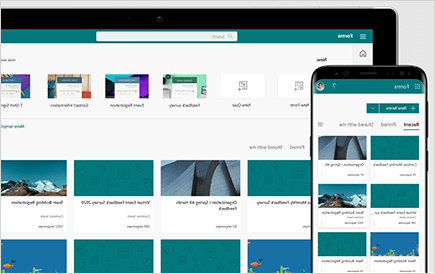 תמונה מושגית של Microsoft Forms המוצגת במכשיר נייד ובמחשב נישא