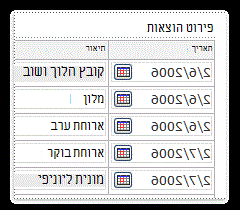 טופס הוצאות מפורט עם שורות הוצאות מתוארכות