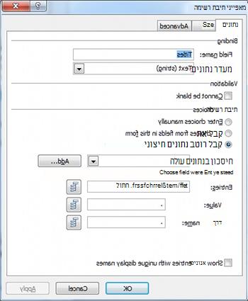 מאפייני תיבת רשימה שהוגדרו לשימוש במקור נתונים חיצוני