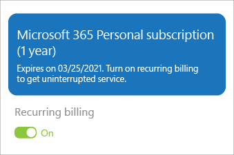 מציג מנוי של Microsoft 365 Personal עם חיוב חוזר מופעל.