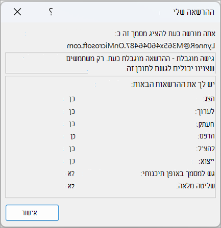 צילום מסך של תיבת דו-שיח המציגה הרשאות משתמש