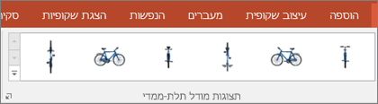 הגלריה 'תצוגות מודל תלת-ממדי' מספקת לך כמה הגדרות נוחות שנקבעו מראש כדי לסדר את התצוגה של התמונה התלת-ממדית
