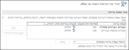 תיבת הדו-שיח שבה באפשרותך להוסיף, לבחור או להסיר את השפה שבה Office ישתמש לעריכה וכלי הגהה.