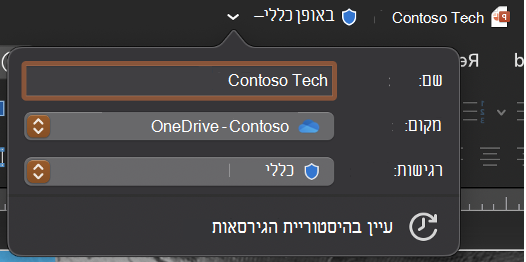 רשימה נפתחת מורחבת של פס כותרת המציגה את שם הקובץ, המיקום והרגישות.