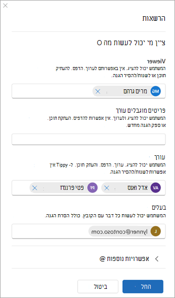 צילום מסך של תיבת דו-שיח שכותרתה 'הרשאות' עם אפשרויות להוספת משתמשים כמציגים, עורכים מוגבלים, עורכים ובעלים.