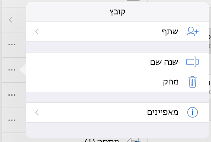 שנה את שם הקובץ על-ידי הקשה על לחצן 3 הנקודות ובחירה באפשרות 'שנה שם'