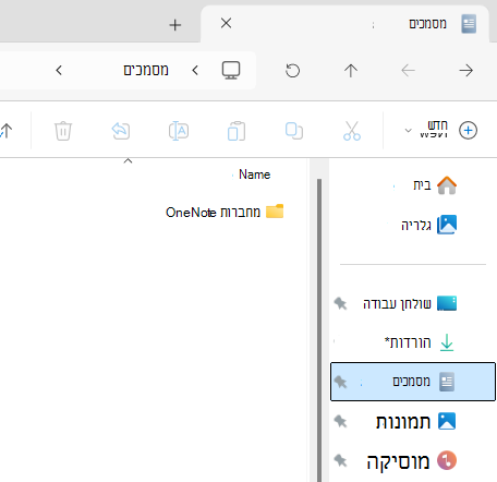 תיקיית מסמכים המציגה תיקיית משנה של מחברת OneNote.