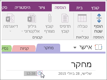צילום מסך המתאר כיצד לשנות את חותמת הזמן של עמוד ב- OneNote 2016.