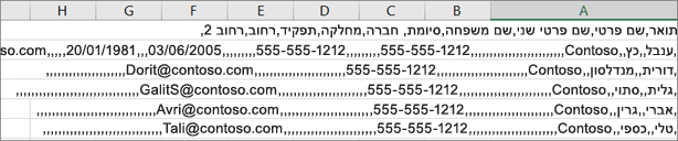 דוגמה של קובץ ה- ‎.csv נשמרה בתבנית ‎.xls