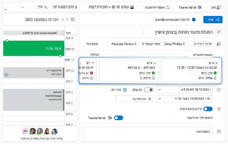 התמונה מציגה את טופס יצירת האירוע עבור פגישה שמארגן מנסה לתזמן. המארגן בחר את הלחצן הדו-מצבי באופן אישי. לכן, במקטע הצעות למועדים, ניתן לראות שלושה כרטיסי זמן מוצעים שונים, מהם שני הראשונים הם משבצת זמן שבה כולם יכולים להשתתף בפגישה באופן אישי.