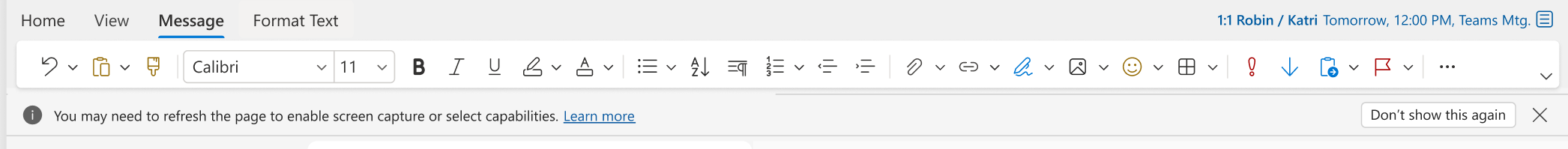 סרגל המידע עבור Outlook עבור האינטרנט כאשר יכולת לכידת המסך אינה קיימת