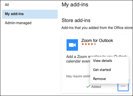 תפריט התוספות שלי ב- Outlook עבור Mac.