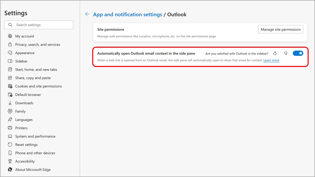 בטל את פתיחת התוכן של Outlook בחלונית הצדדית של Microsoft Edge מתוך הגדרות הסרגל הצידי של Microsoft Edge.