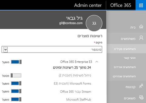 צילום מסך שמציג את דף רשיונות המוצר של מרכז Office 365 Admin כאשר הפקד הדו-מצבי עובר למצב כבוי עבור To-Do (תוכנית 2).