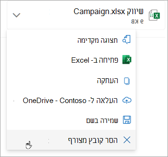 בחר את החץ למטה לצד הקובץ המצורף ולאחר מכן בחר 'הסר קובץ מצורף'