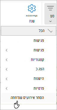 צילום מסך של 'סנן Calendar מציג את 'הסתר אירועים שנדחתה' מהרשימה הנפתחת