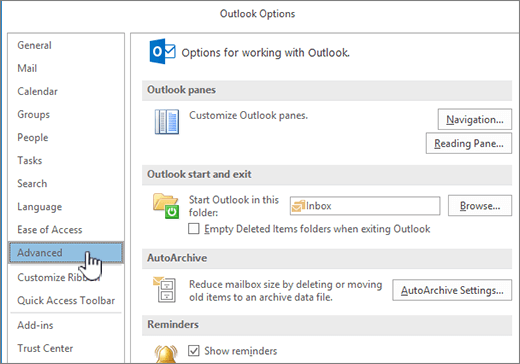 אפשרויות Outlook כאשר האפשרות 'מתקדם' נבחרה