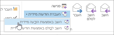 הקבוצה 'תגובה' עם רשימה נפתחת של הודעות מיידיות פתוחה והשב עם הודעה מיידית מסומנת