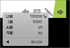 צילום מסך שמציג את האפשרויות הזמינות עבור המצביע המשמש בהצגת שקופיות. האפשרויות הן 'אוטומטי', 'מוסתר', 'חץ', 'עט' ו'צבע עט'.